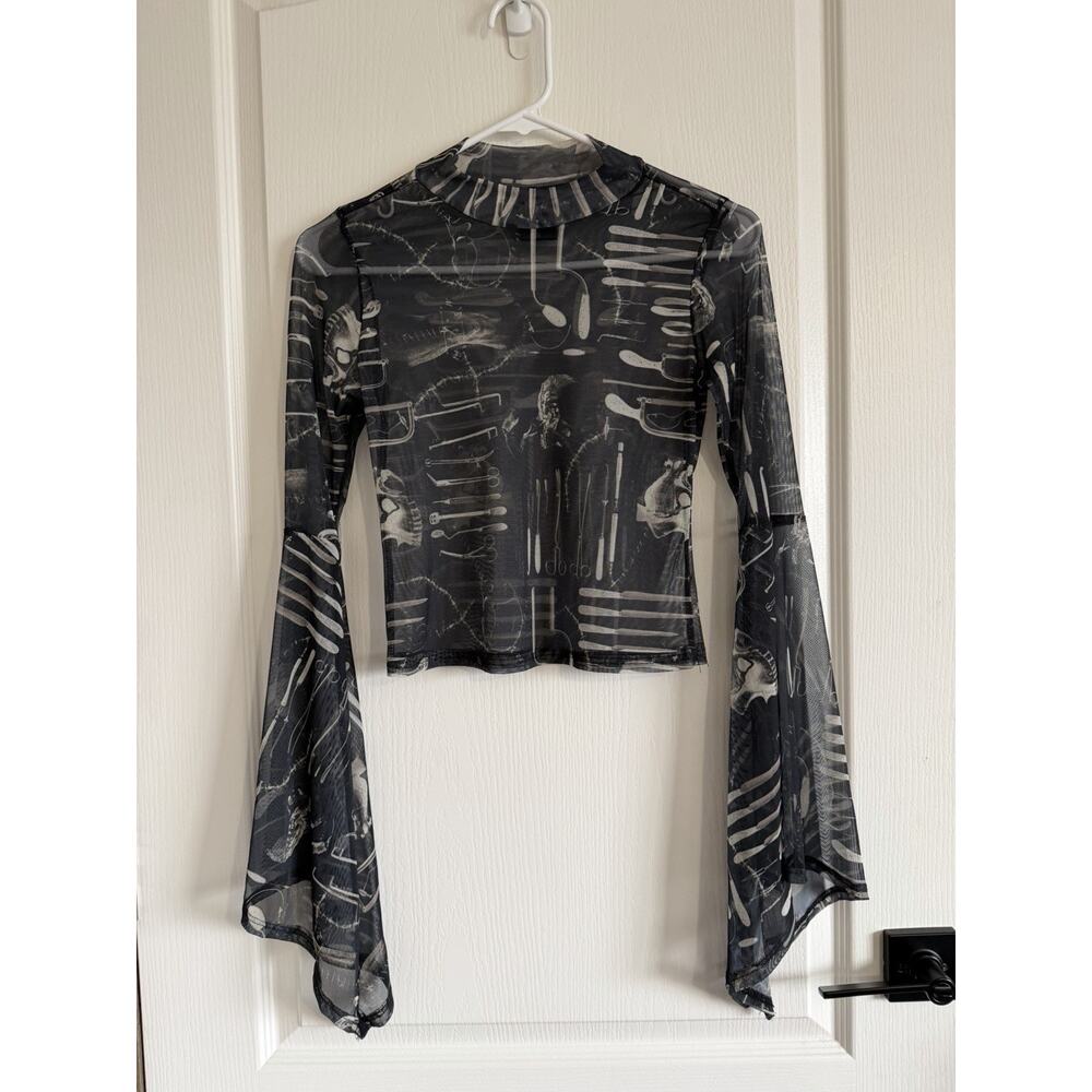 Social Collision Women Mesh Top Goth Medical Skull S Black Bell Sleeve Mock Neck